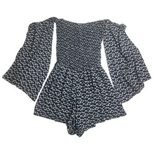 Sage Navy Floral Off Shoulder Romper Small Smocked Bodice Bell Sleeves